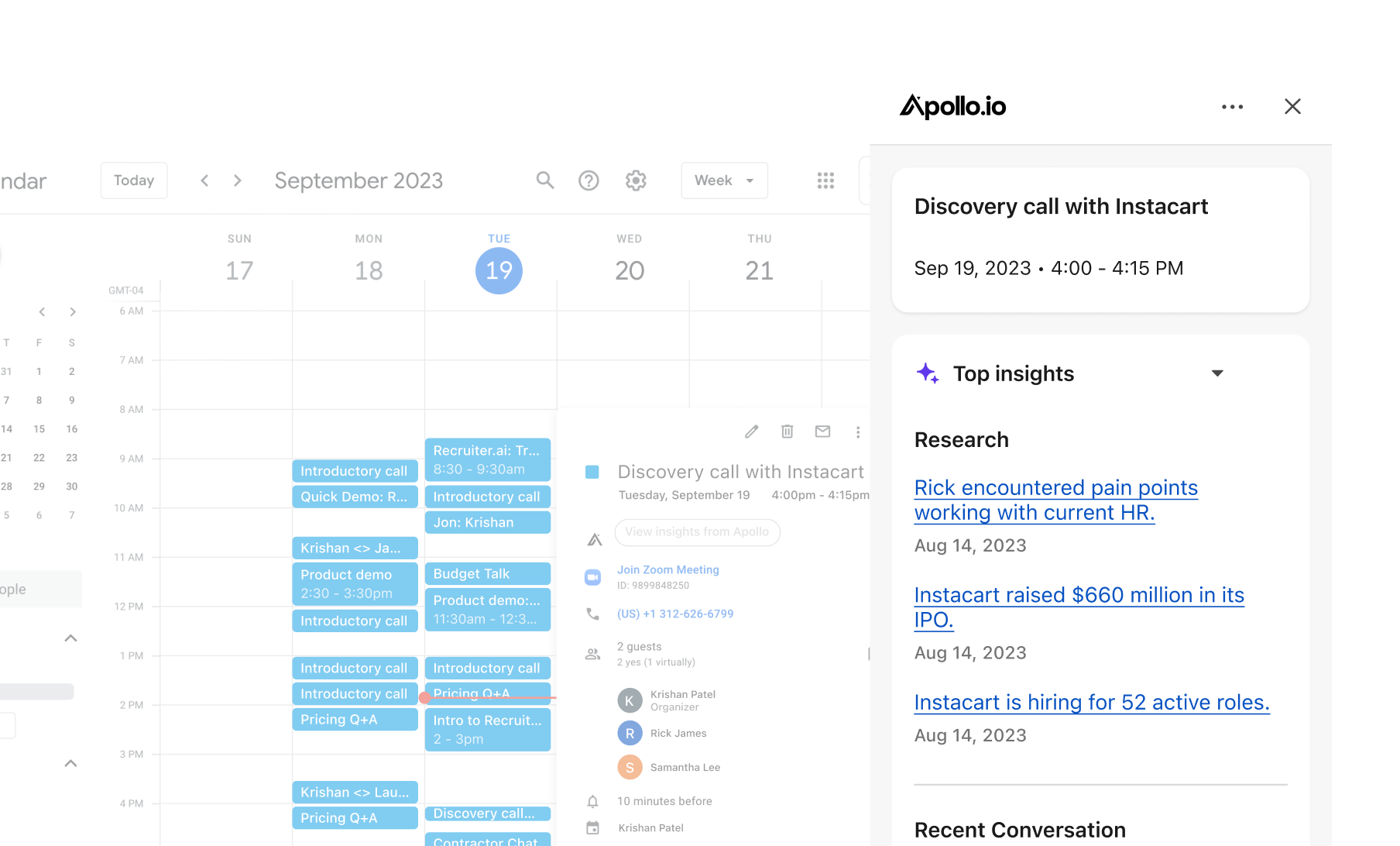 Screenshot showing Meetings