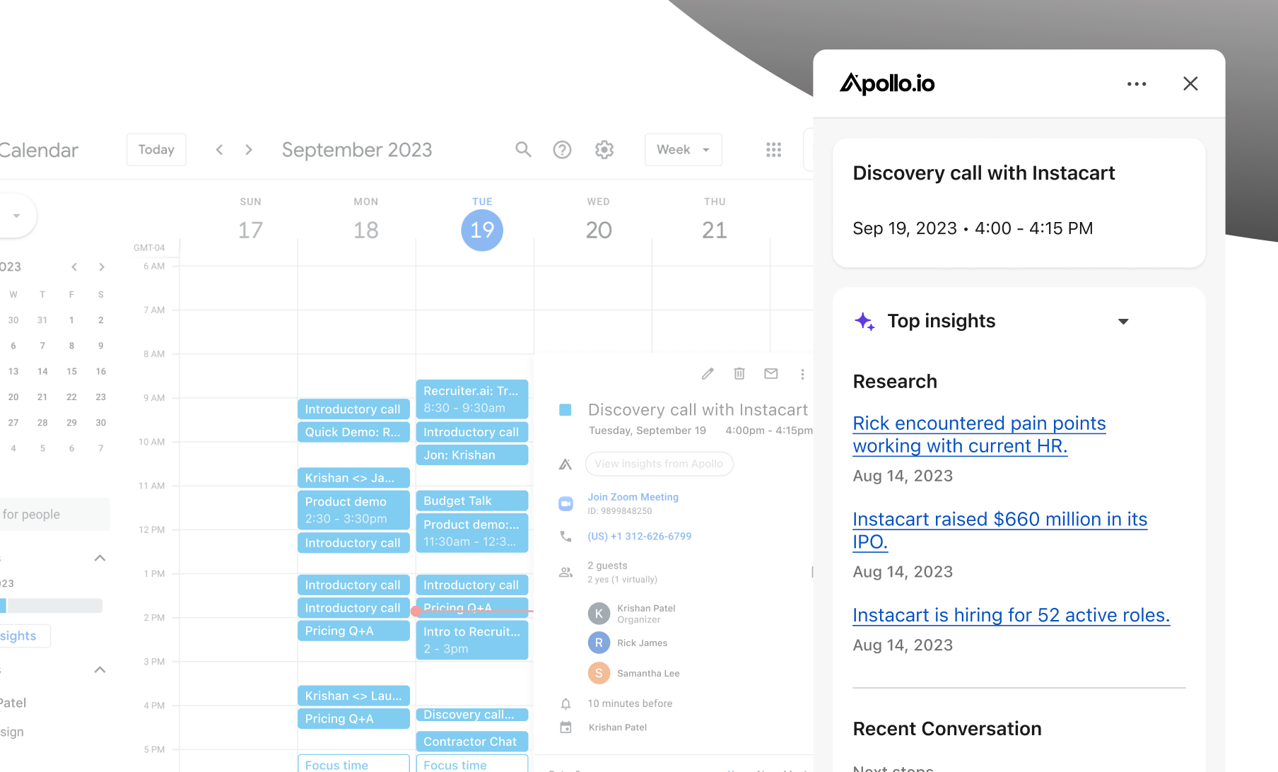 Screenshot showing Pre-meeting insights