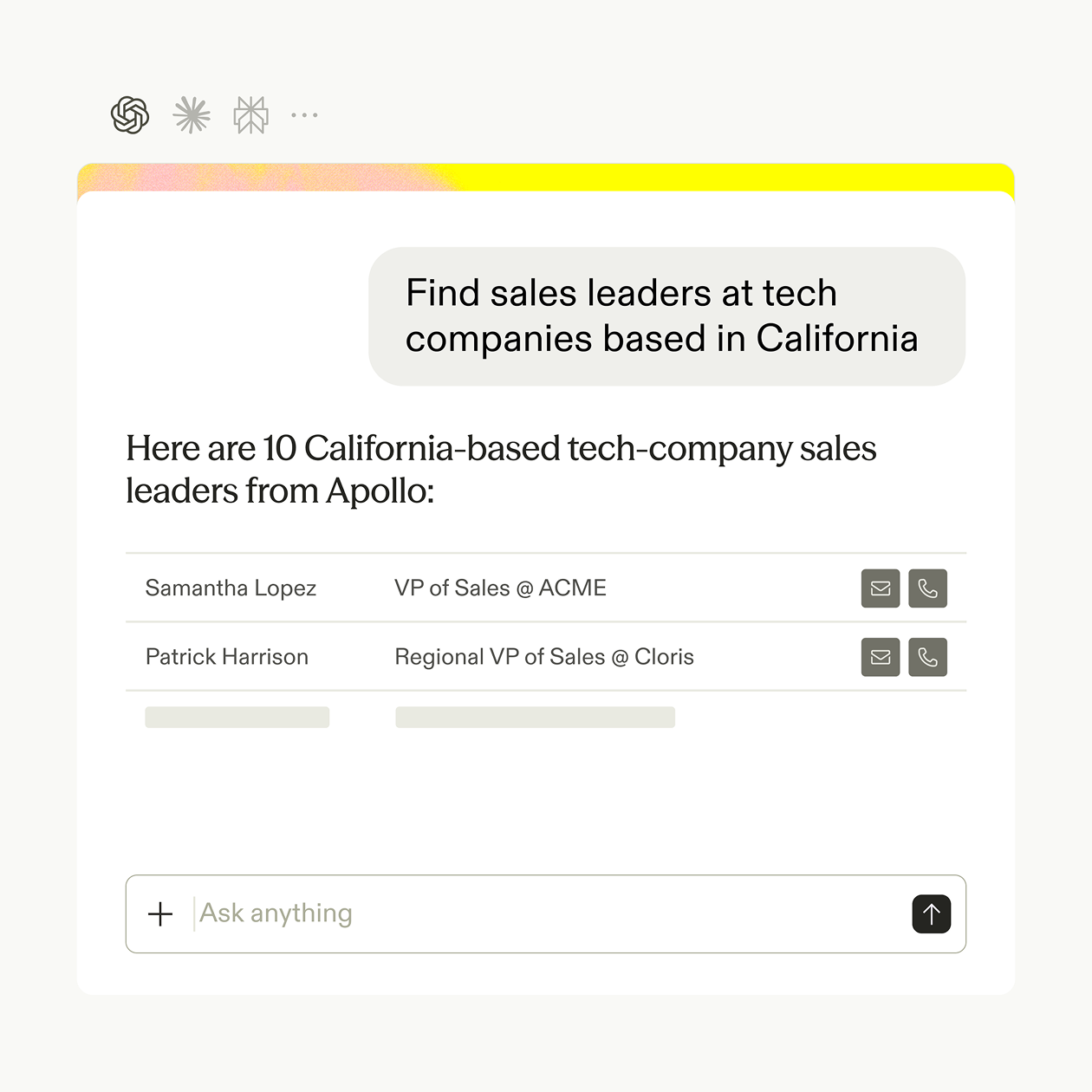 Apollo MCP running inside an AI chat assistant, finding and enriching leads from a natural-language prompt