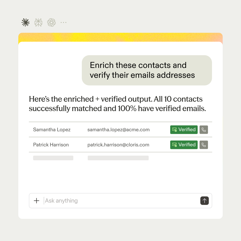 Apollo enriching and verifying contacts from a chat prompt, returning ten matched contacts each with a verified email address