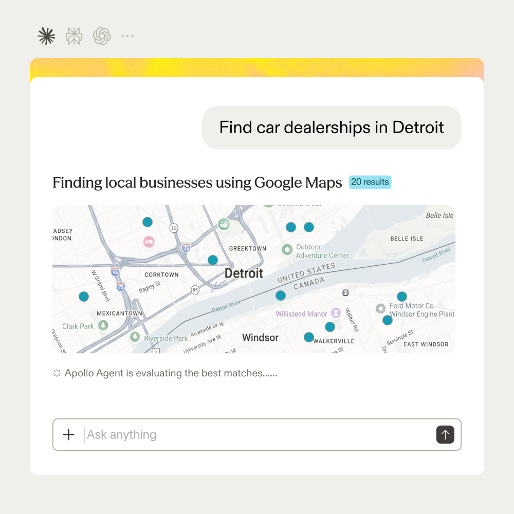 Apollo Agent answering "Find car dealerships in Detroit" with a map of matches around Detroit and Windsor, 20 results