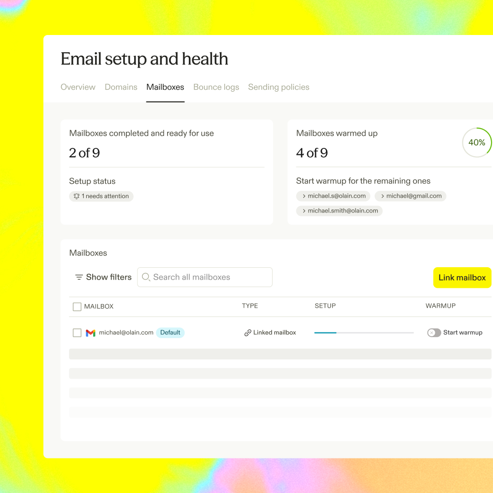 Apollo’s email setup and health dashboard, showing mailbox setup and warmup progress