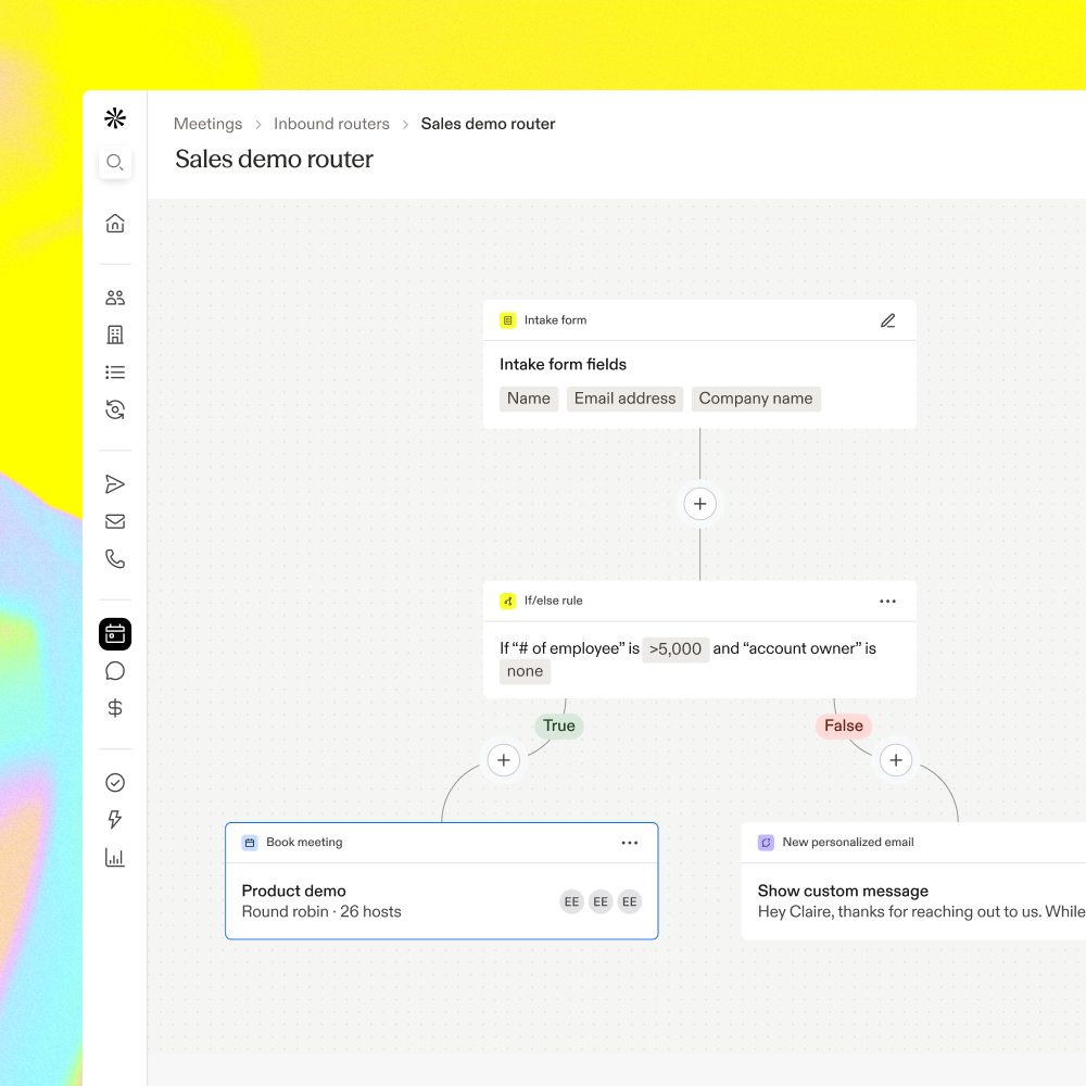 An Apollo inbound router taking a sales demo intake form through an if/else rule on employee count, sending larger accounts to a round-robin product demo and everyone else to a personalized email
