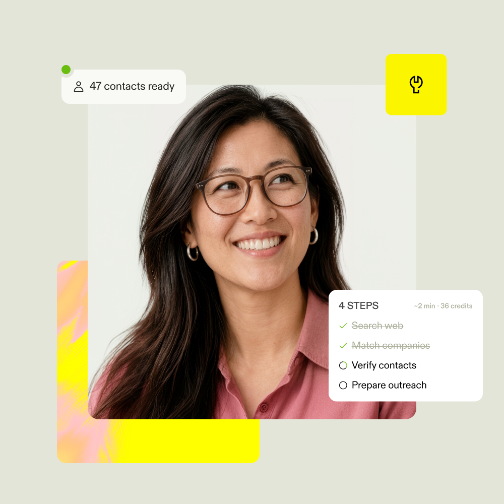A smiling seller beside an agent run of four steps: search web and match companies done, verify contacts and prepare outreach queued, with 47 contacts ready
