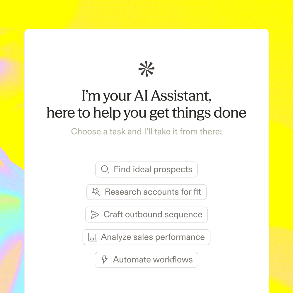 Apollo’s AI Assistant offering starting tasks such as finding ideal prospects, researching accounts, and crafting an outbound sequence