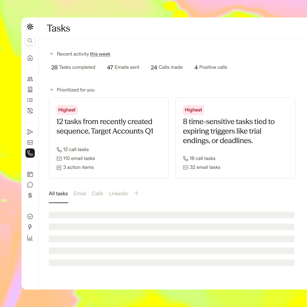 Apollo’s Tasks view showing this week’s activity and two prioritized task groups with call and email counts