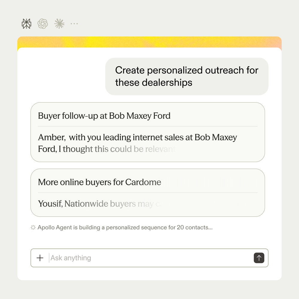 Apollo Agent building personalized outreach for car dealerships, with two drafted emails and a sequence for 20 contacts
