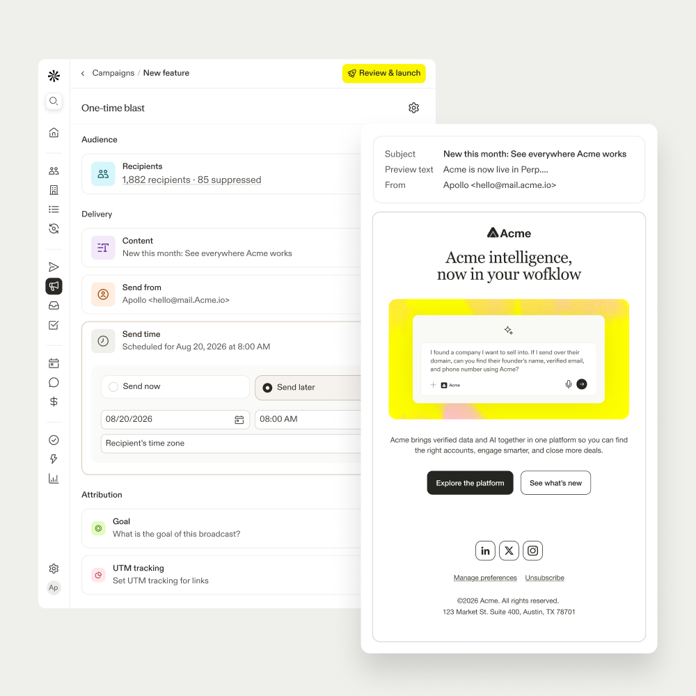 A campaign send flow in Apollo showing audience, delivery, and a preview email