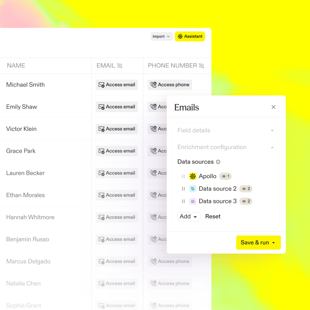 Apollo enrichment settings showing configured data sources for email fields