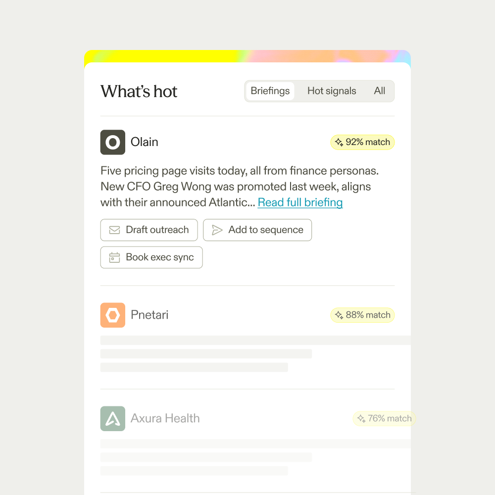 Apollo's What's Hot panel surfacing a hot account signal with a 92% match score
