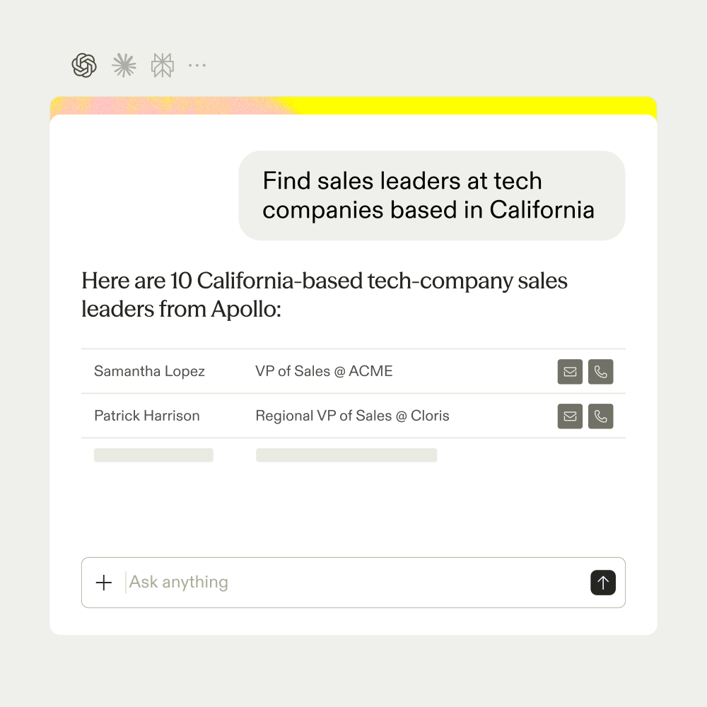 Apollo's AI Assistant listing sales leaders at tech companies based in California