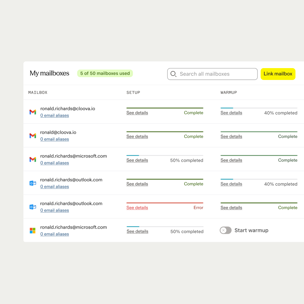 A list of connected mailboxes in Apollo with setup and warmup progress for each