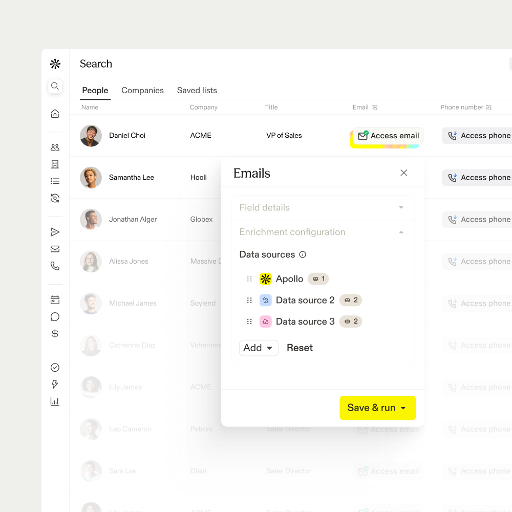 A contact list in Apollo showing enrichment and email access controls