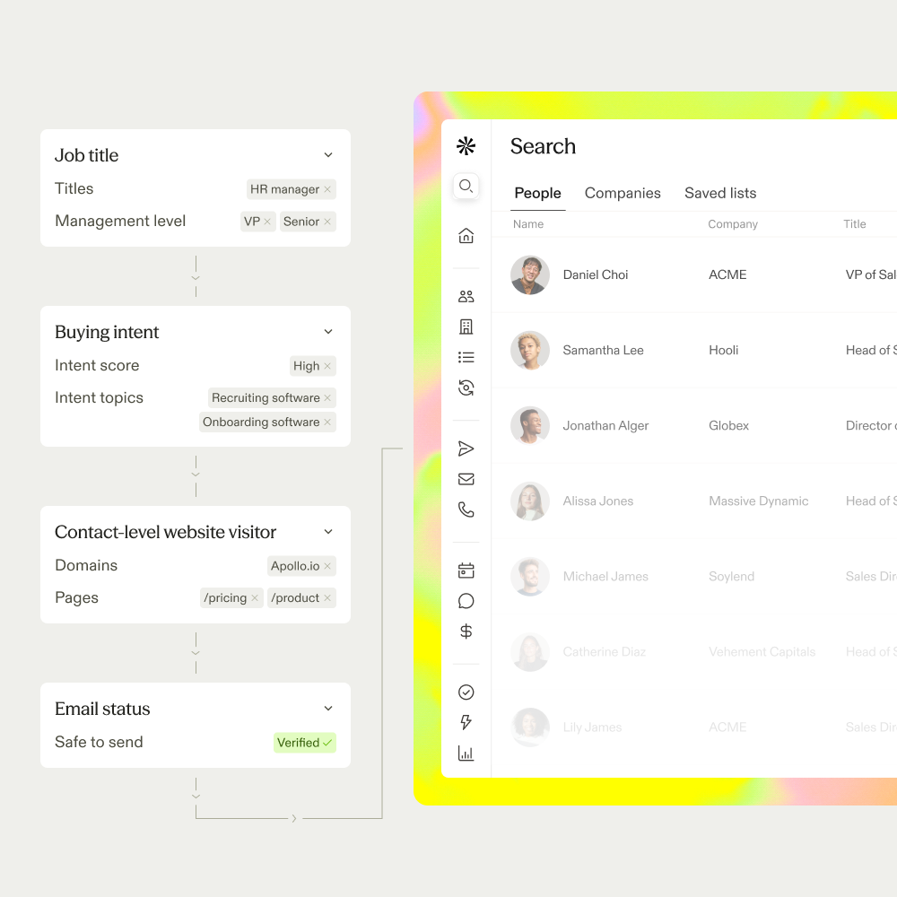 Apollo search filters for job title, buying intent, contact-level website visits and verified email status, shown beside the matching people results