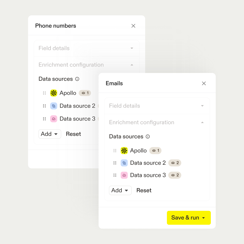Apollo enrichment panels for phone numbers and emails, each listing Apollo followed by two partner data sources