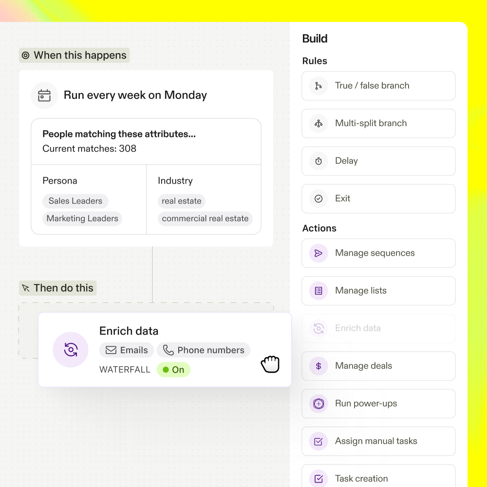 An Apollo workflow that runs weekly and enriches matching people with waterfall emails and phone numbers