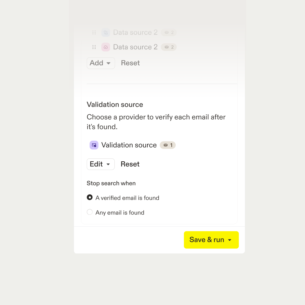 Apollo enrichment panel with a validation source selected and a “stop search when a verified email is found” rule